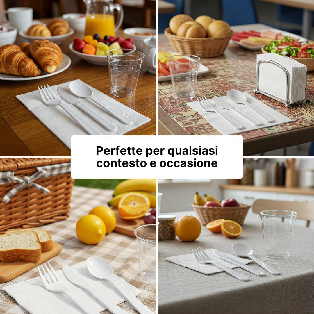Maqa Kit 100 pz Cucchiaio e Tovagliolo 2 Veli – Posate Monouso Imbustate, Plastica Rigida Riutilizzabile, 100% Riciclabili