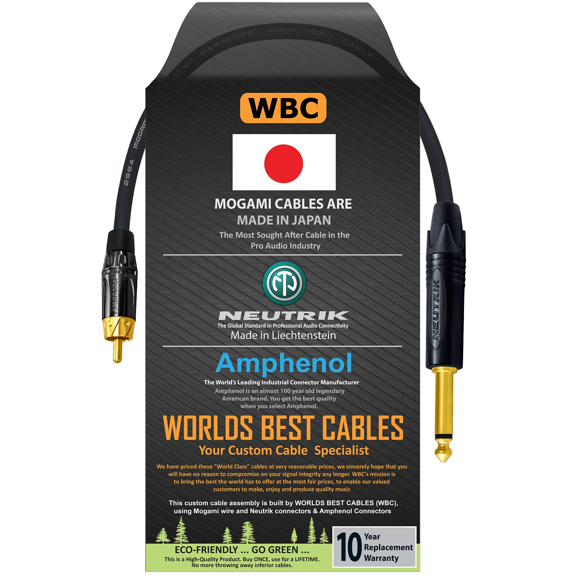 WORLDS BEST CABLES1 Foot – TS to RCA – Mogami 2964 Audio Interconnect & Neutrik NP2X-B & Amphenol ACPL-CBK Gold Plugs - Custom Made
