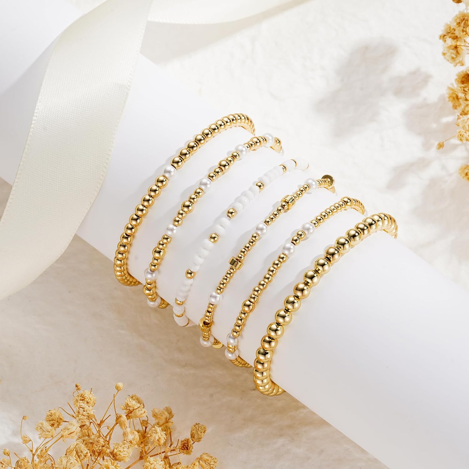 Turandoss Gold Beaded Bracelets for Women Girls - Dainty 14K Gold Plated Turquoise Cross Bead Bracelet Pearl Bracelets Set for Women Heishi Clay Beaded Bracelet Jewelry Gifts for Her - Image 6