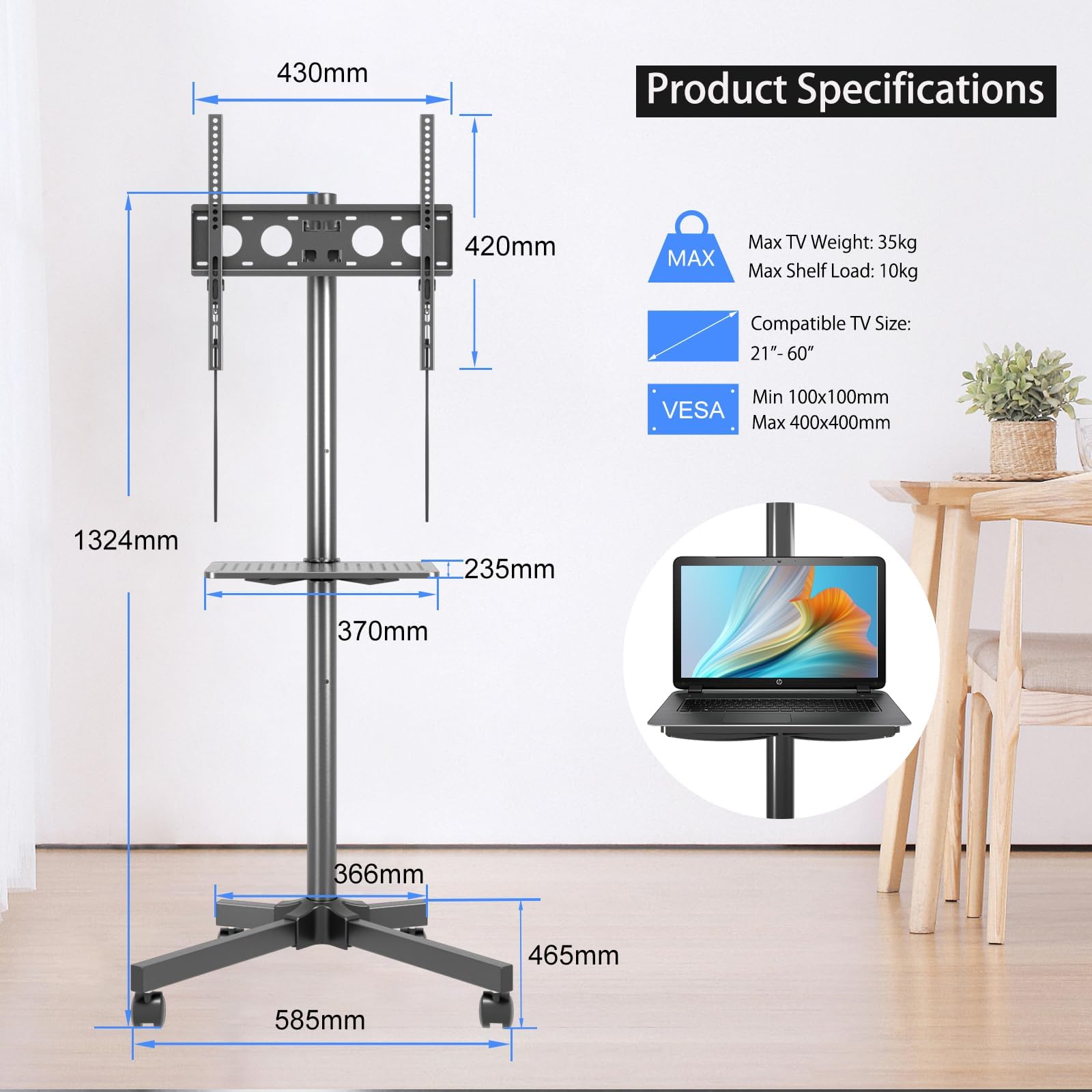 TABOJS TV Móvil con Ruedas, Soporte Portátil para Pantallas Planas/Curvas de 21-60" hasta 35kg, Soporte para TV de Altura Ajustable con VESA 400x400 mm, Soporte para TV con Ruedas para Fácil