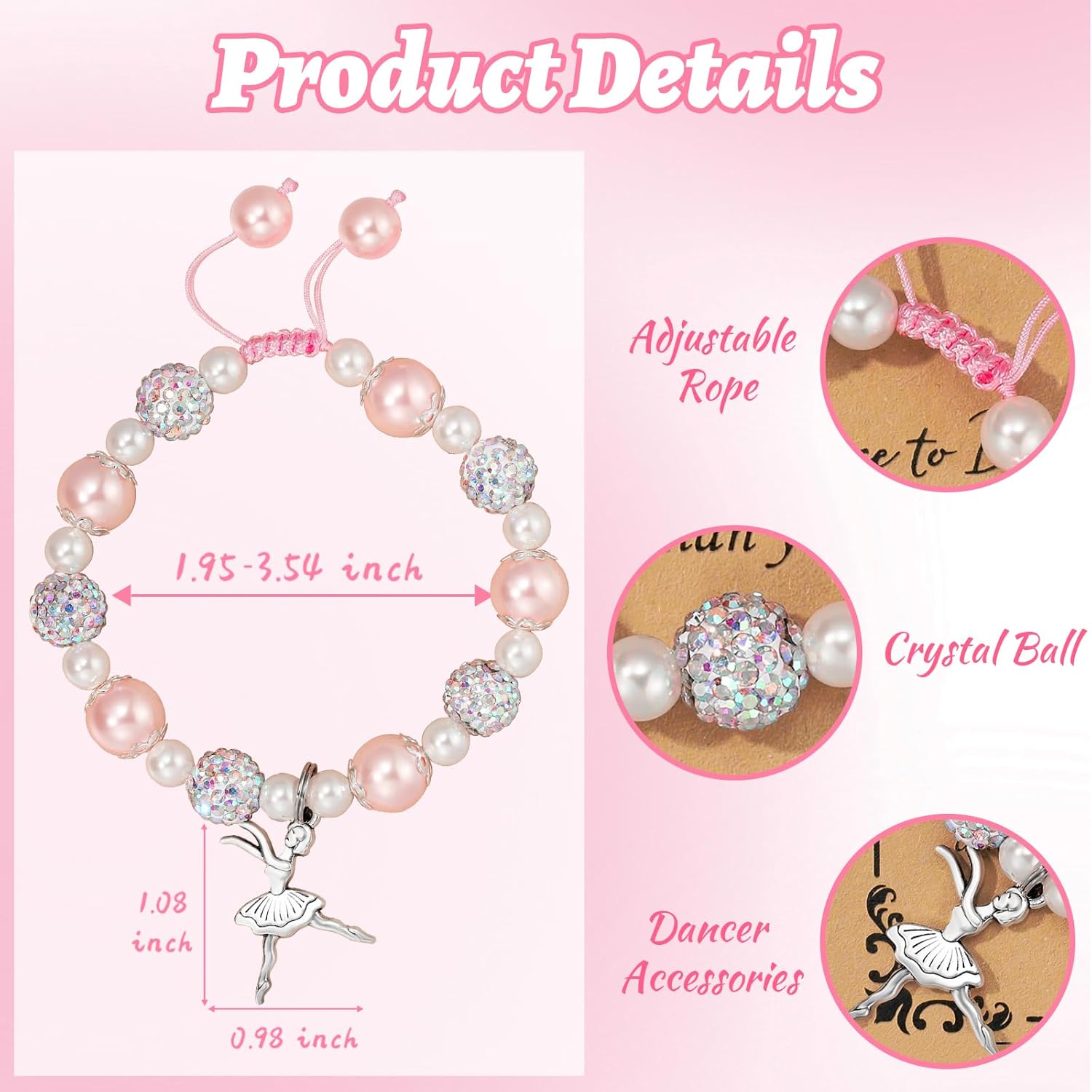 1 Pcs Dancer Gifts for Girls, Adjustable Chain with Ballet Accessories, Sparkle Pink Dance Bracelet for Friends Mate or Ballerina Party Favors, Ballet Bracelet for Daughter Gifts to Encourage Children - Image 4