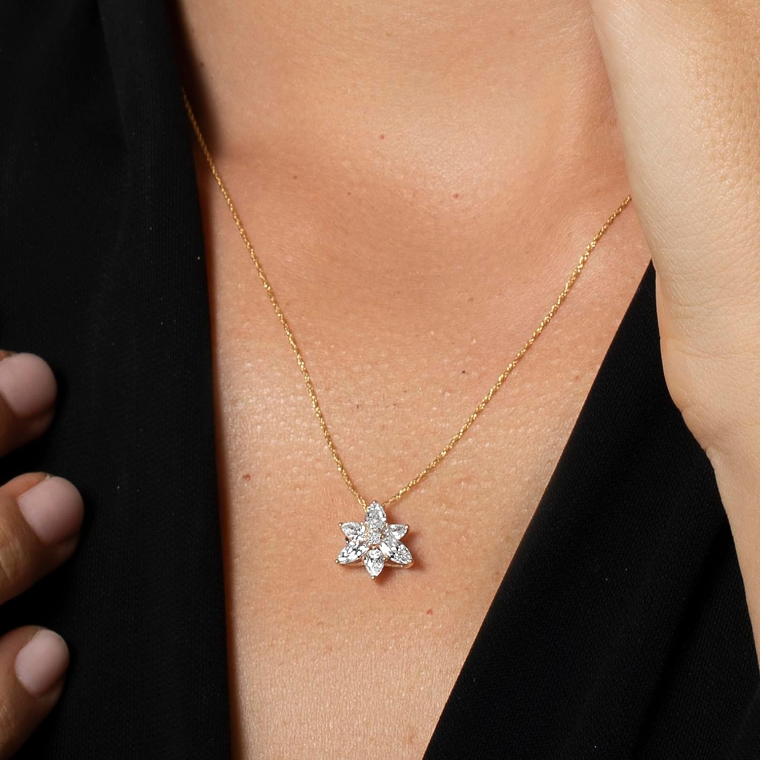 Gem Stone King 1.05 Cttw 10K Yellow Gold Lab Grown Diamond Flower Star Pendant Necklace for Women | Marquise 6X3MM | Pear Shape 4X3MM | DEF Color | VVS-VS Clarity | 18 Inch Chain - Image 3