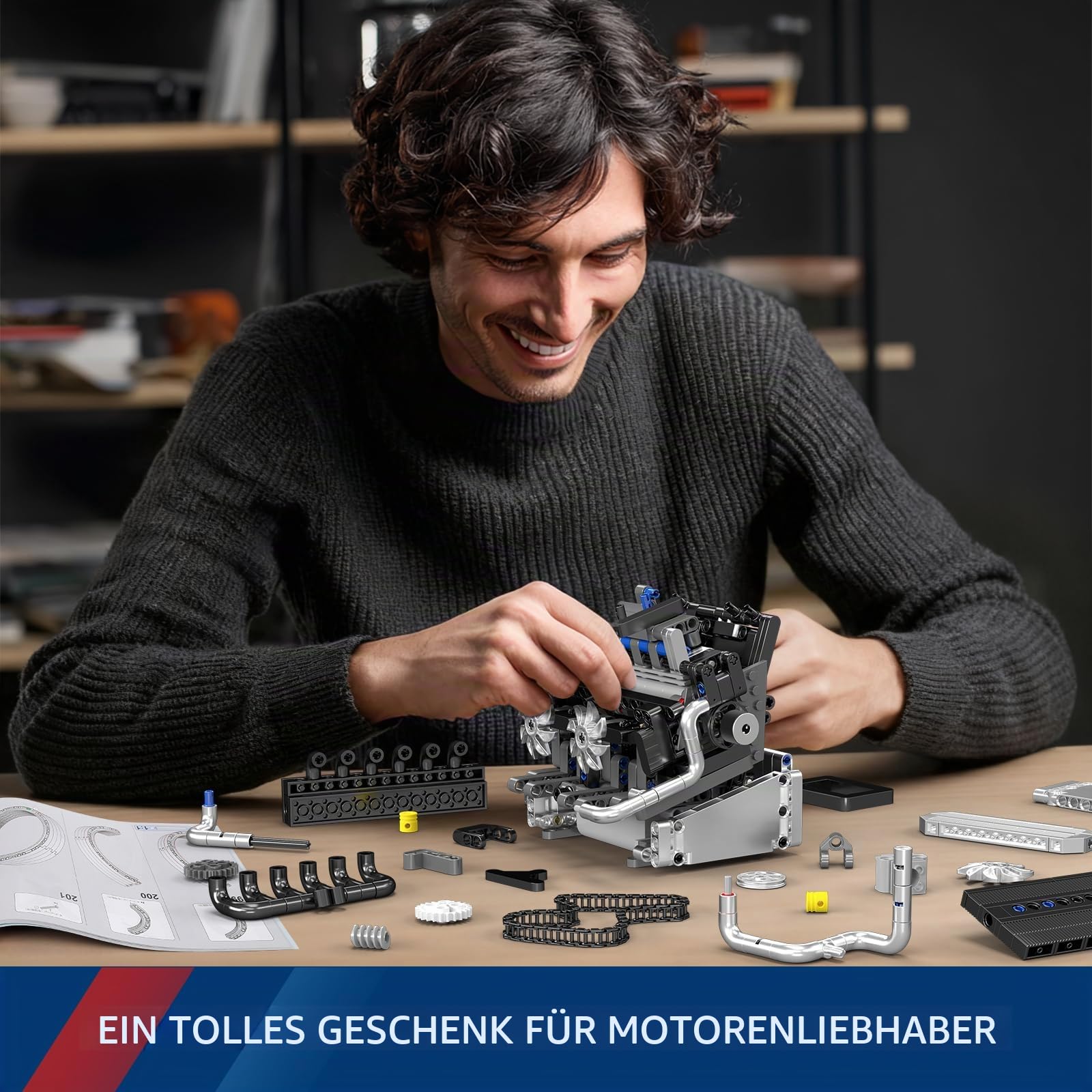 Mould King 10213 MOC Technik Motor-Modell，Baustein-Set eines Automobilmotors mit Elektromotor und Antriebsstruktur, Technologie Klemmbausteine Bausatz （744+Teile）