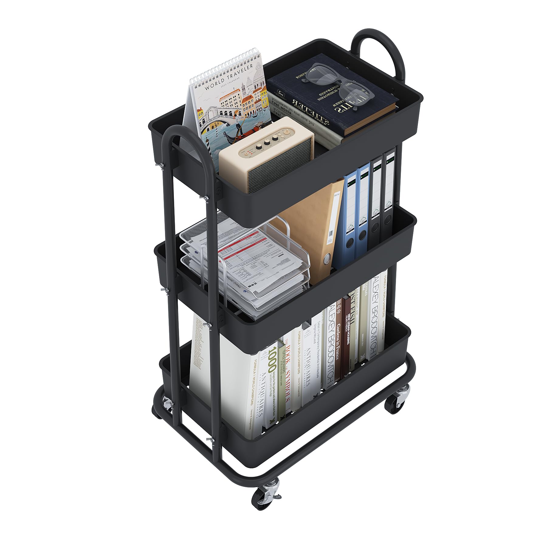 3-tier utility cart with wheels, rolling cart, storage shelves, multi-functional organizer cart for bathroom, office, kitchen, black