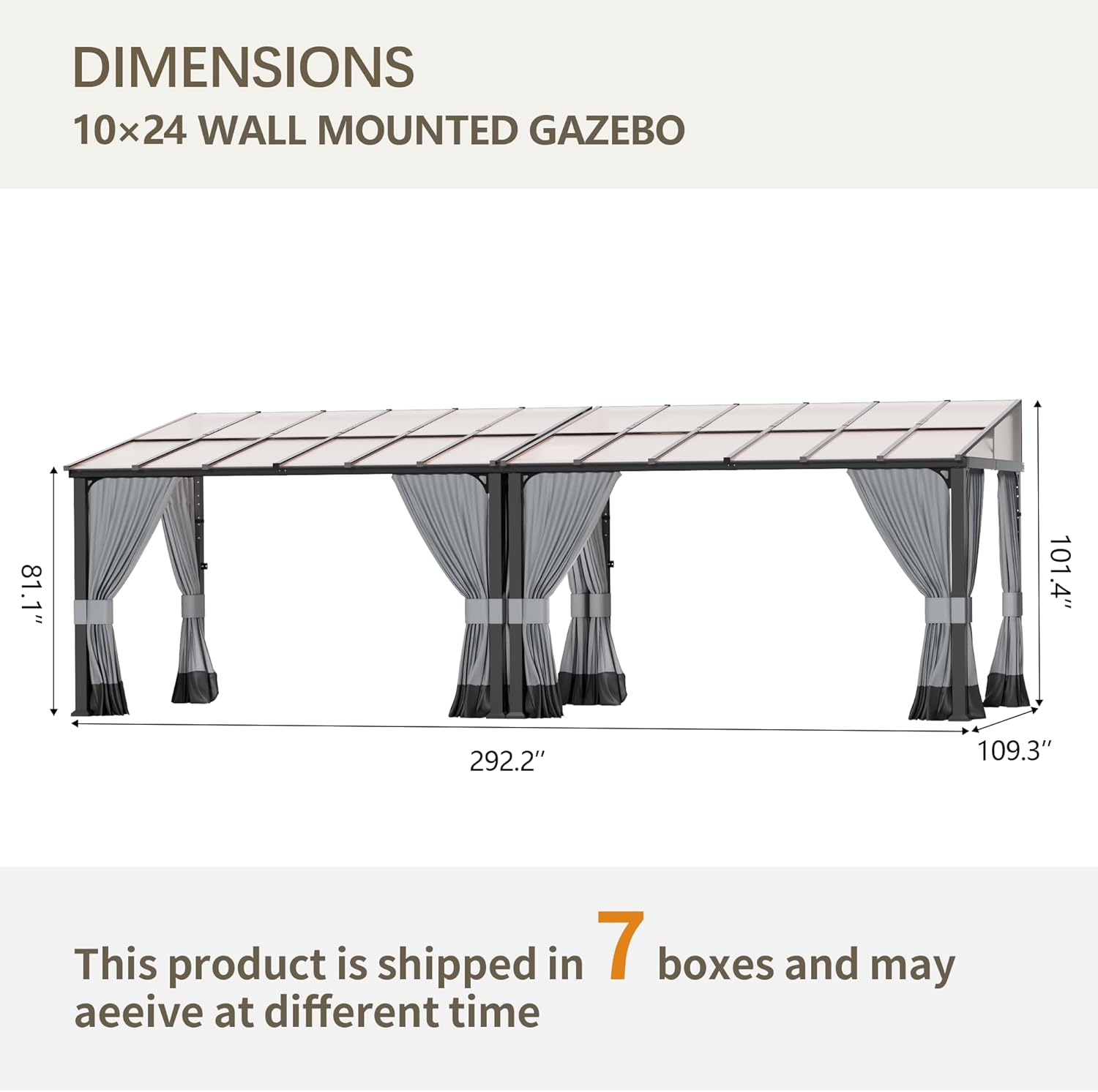 10’ x 24’ Gazebo for Patio,Wall Mounted Gazebo with Sloping Polycarbonate Roof,Aluminum Frame Outdoor pelgole w/Netting & Curtain for Garden,Backyard,Grey