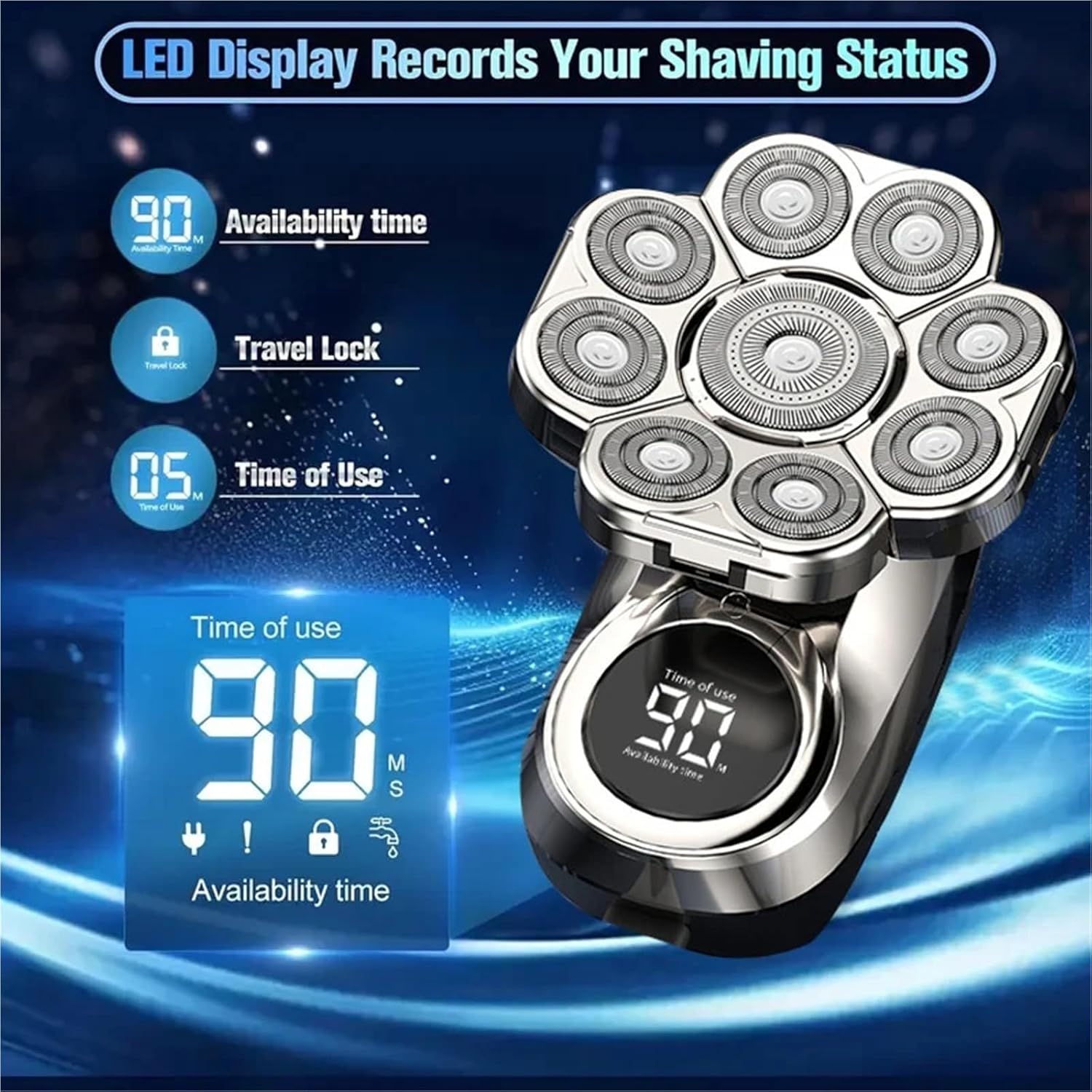 9D Floating Electric Shavers For Men Bald Head IPX7 Waterproof Electric Razor Wet/Dry Shaving With Grooming Kit With LED Display(A set of silver)