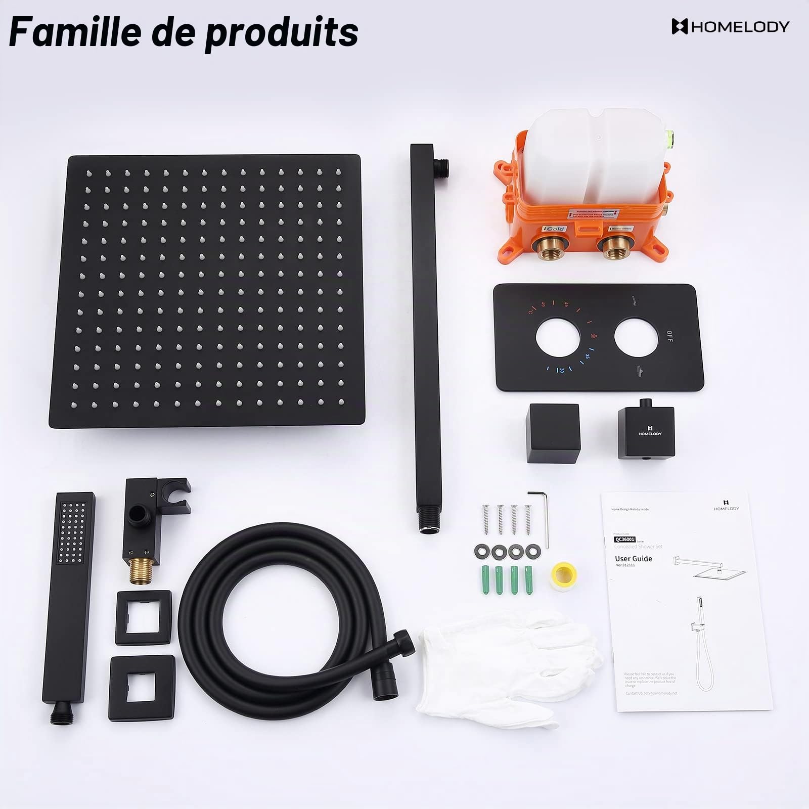 HOMELODY Encastré Ensemble de Douche Noir Système, Ensemble Douche Thermostatique 38°C, Pomme de Tête 12 Pouces, Pack de Douche Encastrée y Compris Douchette, Corps en Laiton