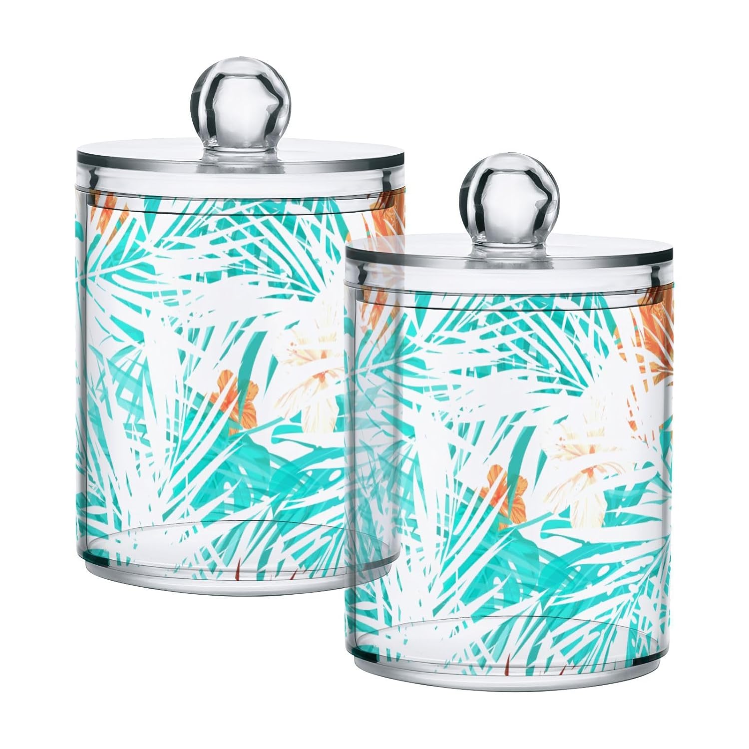 Tropical-pattern-palms-flowers Restroom Bathroom Organizers with Lid Qtip Holder Dispenser Apothecary Jars Cotton Balls Pads Swabs Holder Jar 4