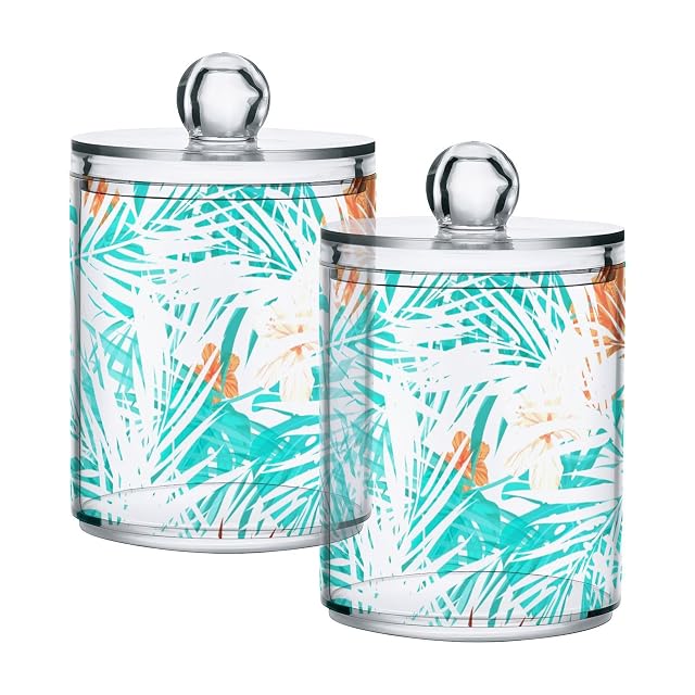 Tropical-pattern-palms-flowers Restroom Bathroom Organizers with Lid Qtip Holder Dispenser Apothecary Jars Cotton Balls Pads Swabs Holder Jar 4