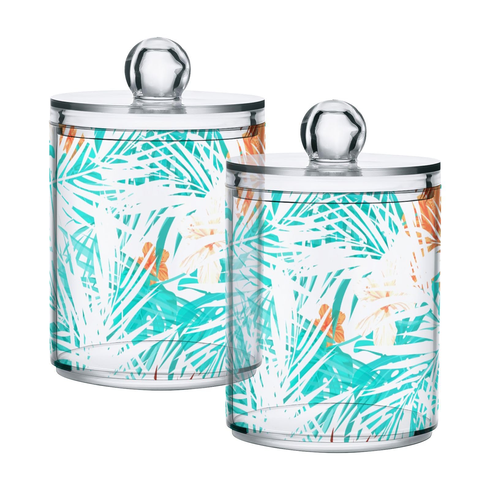 Tropical-pattern-palms-flowers Restroom Bathroom Organizers with Lid Qtip Holder Dispenser Apothecary Jars Cotton Balls Pads Swabs Holder Jar 4