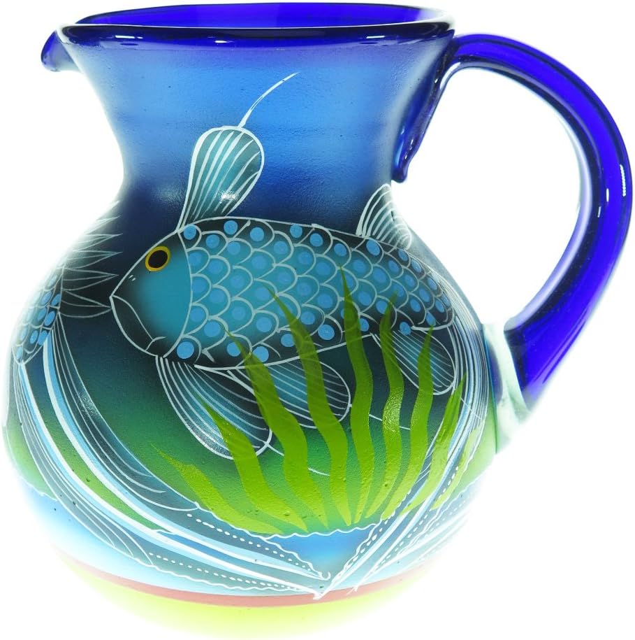 Margarita or Ice Tea Pitcher, Hand Painted With Fish in the Blue Sea, 4 quarts