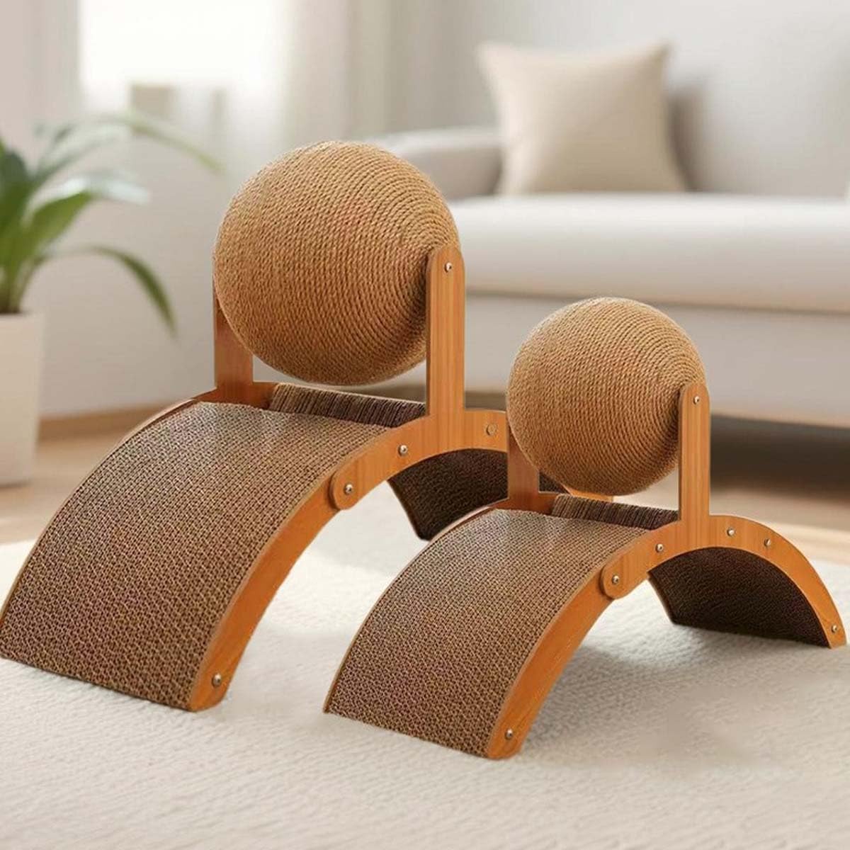 Cat Scratching Ball on Stand, Solid Wood Slanted Cat Scratching Board Design, 2-in-1 Interactive Cat Scratcher Toy with Arch Bridge and 360° Rotating Natural Sisal Ball for Indoor Cat Kittens (M)