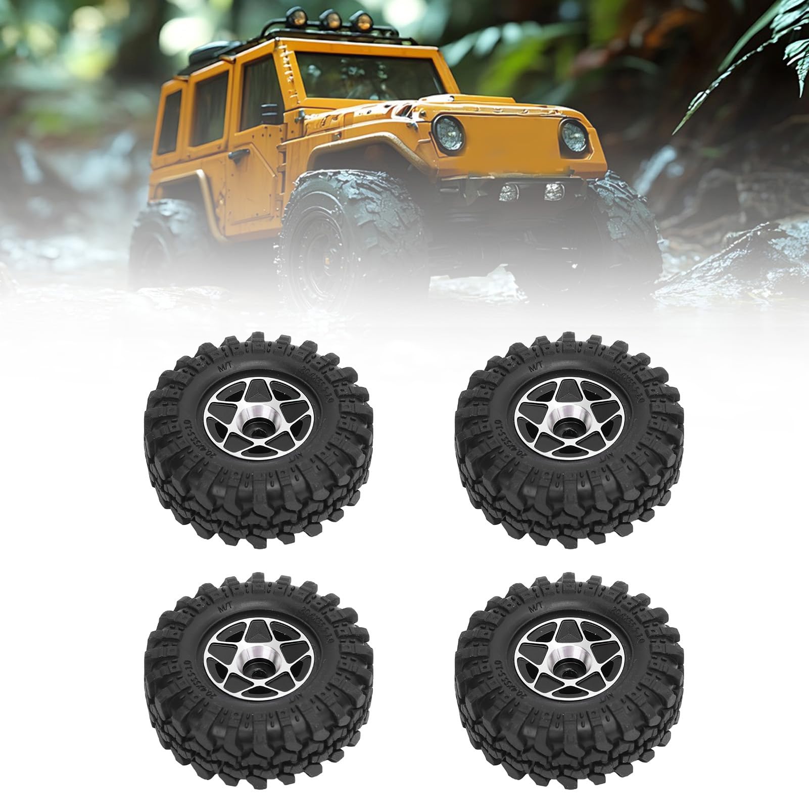 1,0 Cerchi in Lega in Lega di Alluminio con Pneumatici a Ruota a cingoli in Gomma Morbida a 5 Stelle per Il Terreno Fuoristrada assiale 1/24 rc Crawler Fuoristrada (Nero)