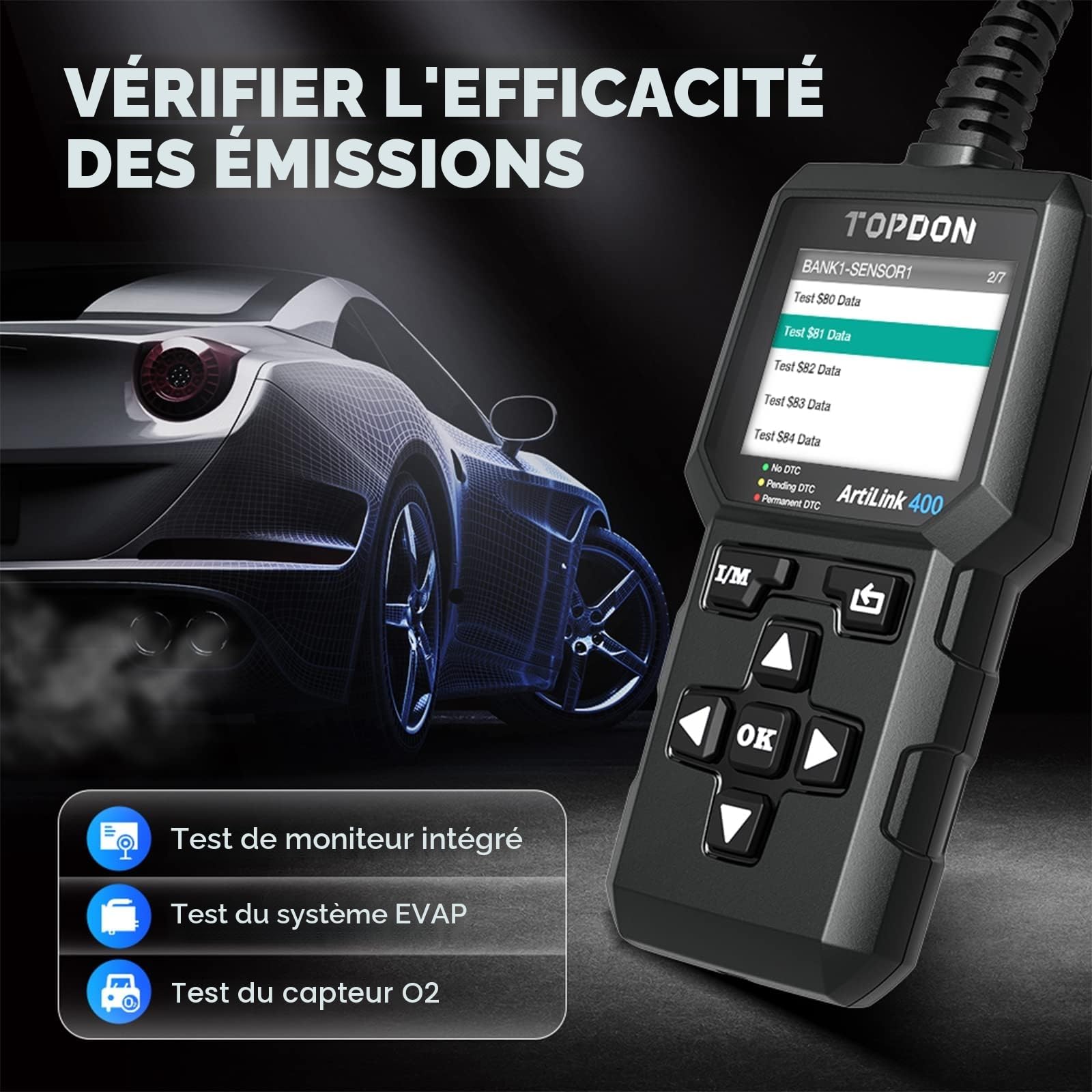 TOPDON AL400 Lecteur de Codes OBD2, 10 Fonctions OBD2, Vérification du Voyant Moteur/Test d'émissions polluantes/Test du capteur O2 / EVAP, Mise à Jour Gratuite à Vie
