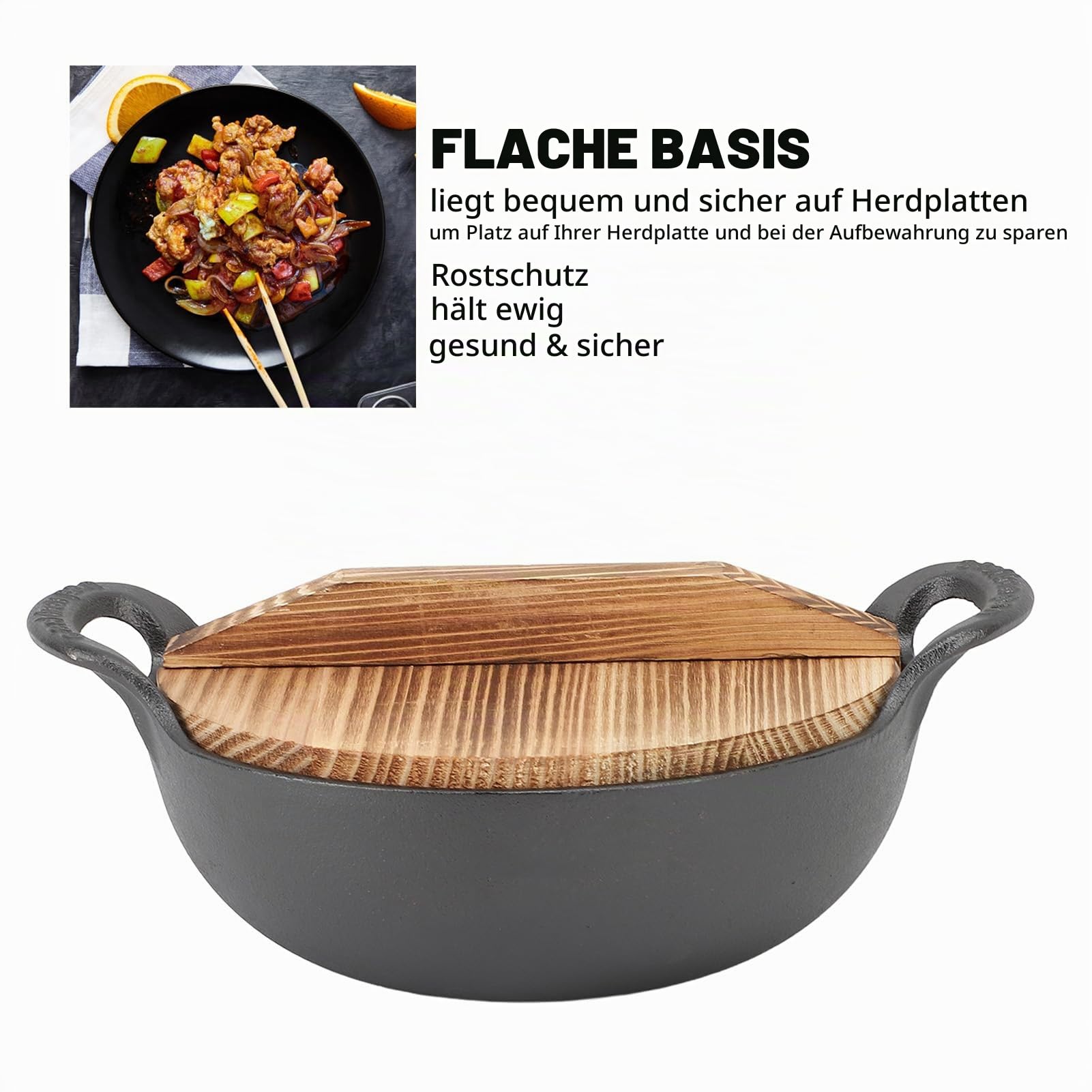 Wokpfanne GusseisenWok mit 2 Griffen, Holzdeckel, holidyoyo gusseisen Bratpfanne mit flachem Boden, WokPfanne mit Deckel unbeschichtet, zum Rhren Frittieren Grillen (20cm)