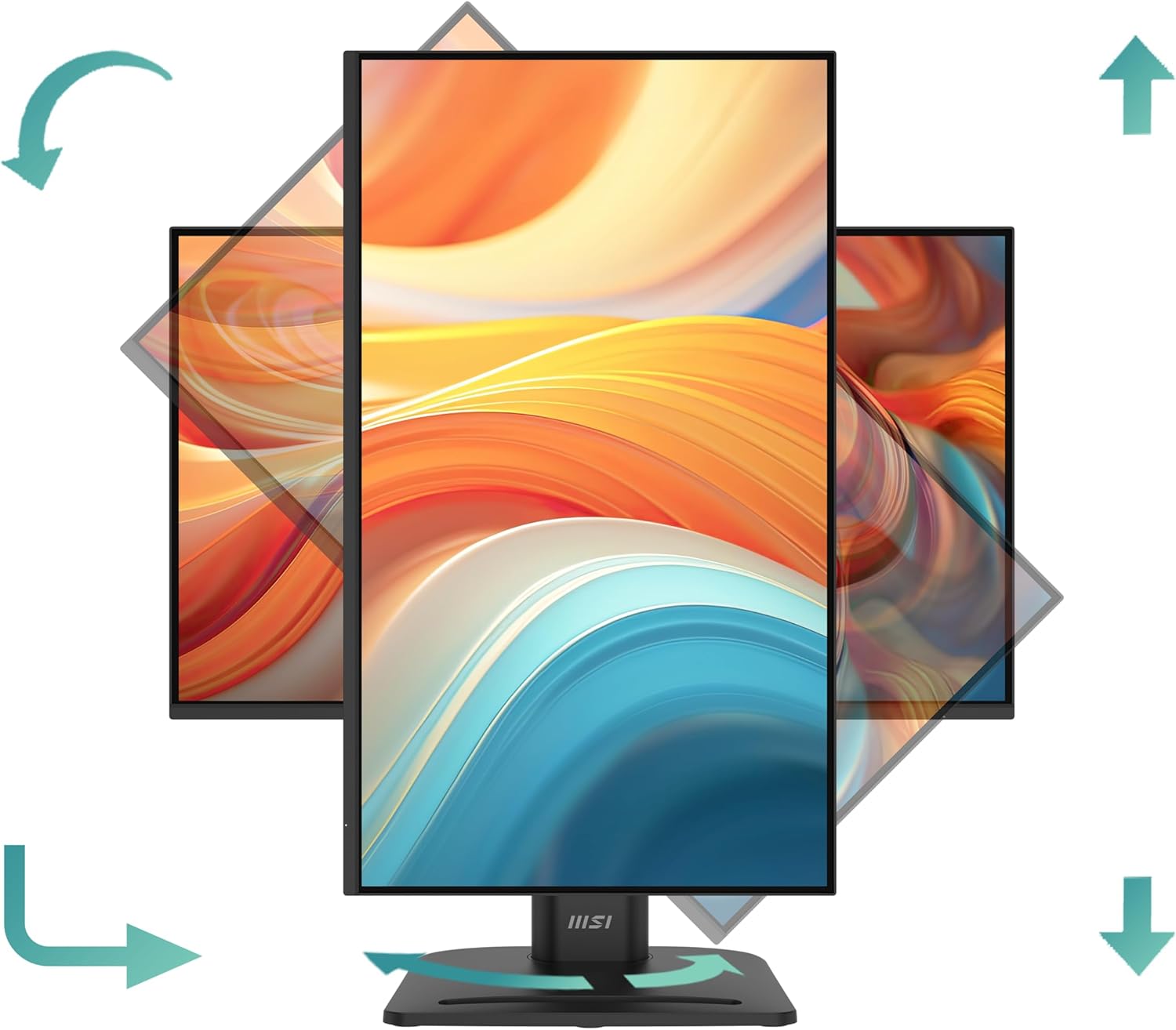 MSI PRO MP245PG E14 monitor demonstrating tilt, swivel, and pivot adjustments