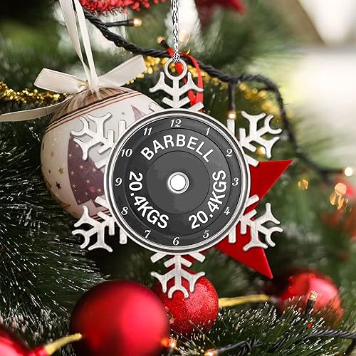 Vista 75 de Plato de pesas con barra para amantes del fitness, adornos de Navidad 2022, adornos de copo de nieve, decoraciones de Navidad para árbol, novedad