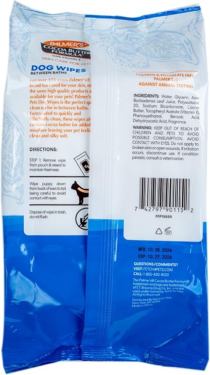 Palmers for Pets Cocoa Butter Refreshing Wipes for Dogs, 100 Count, 3-Pack