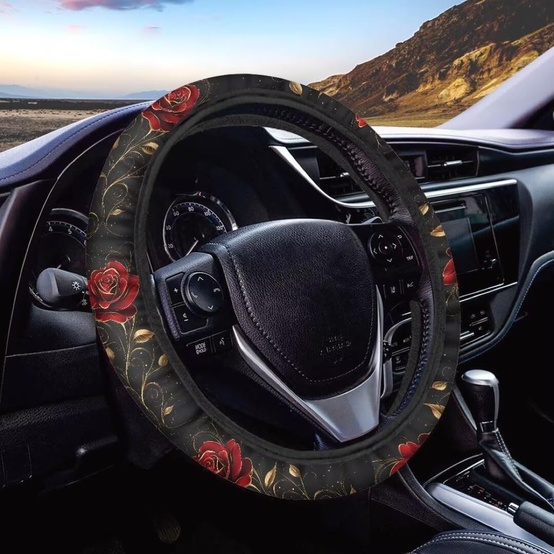 GePrint Rose Print Nonslip Steering Wheel Cover Protector for Vans Truck Sedan Romantic Car Steering Wheel Cover 15 Inch Portable Car Accessories Gift for Friends