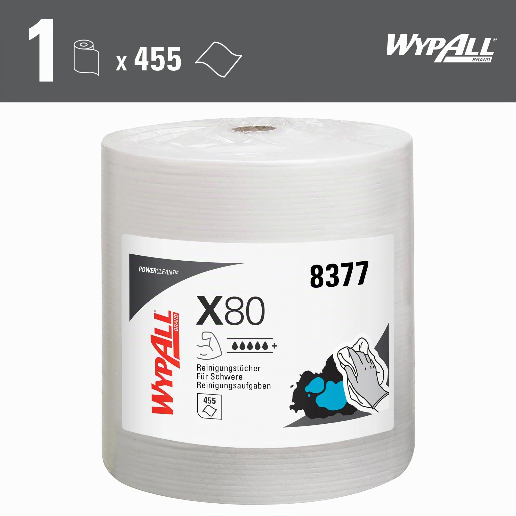 WypAll X80 Power Clean Tücher, 1-lagige, industrielle Reinigungstücher mit Hydroknit-Technologie, wiederverwendbar, auf rauen Oberflächen geeignet, 1 Großrolle x 455 Wischtücher, Artikel-Nr. 8377