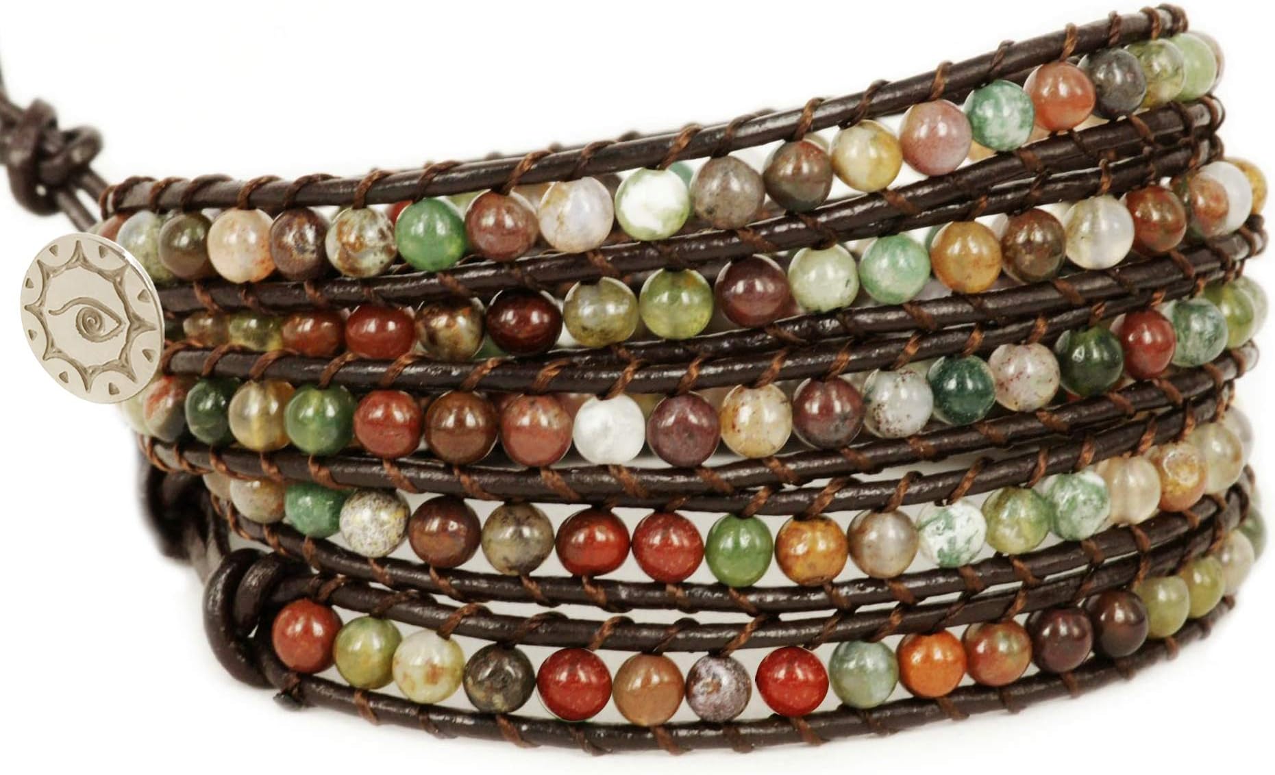 BLUEYES COLLECTION "X Hot Mix Color India Agate Bead Stainless Steel Snap Button Lock Leather Bracelet