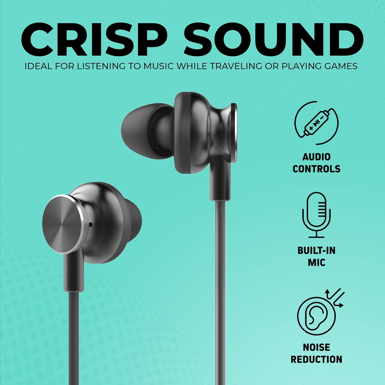 Diagram showing key features: Audio Controls, Built-in Mic, Noise Reduction