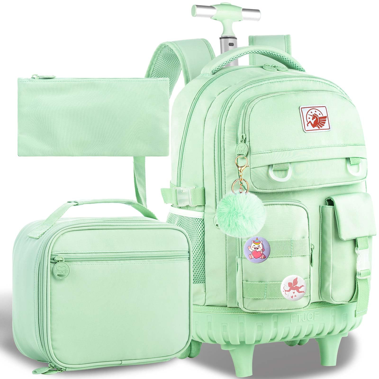 CCJPX Rolling Backpack for Girls Women, 21 inch Roller Wheels School Bookbag, Wheeled Suitcase Backpacks with Lunch Bag for Teen - Green