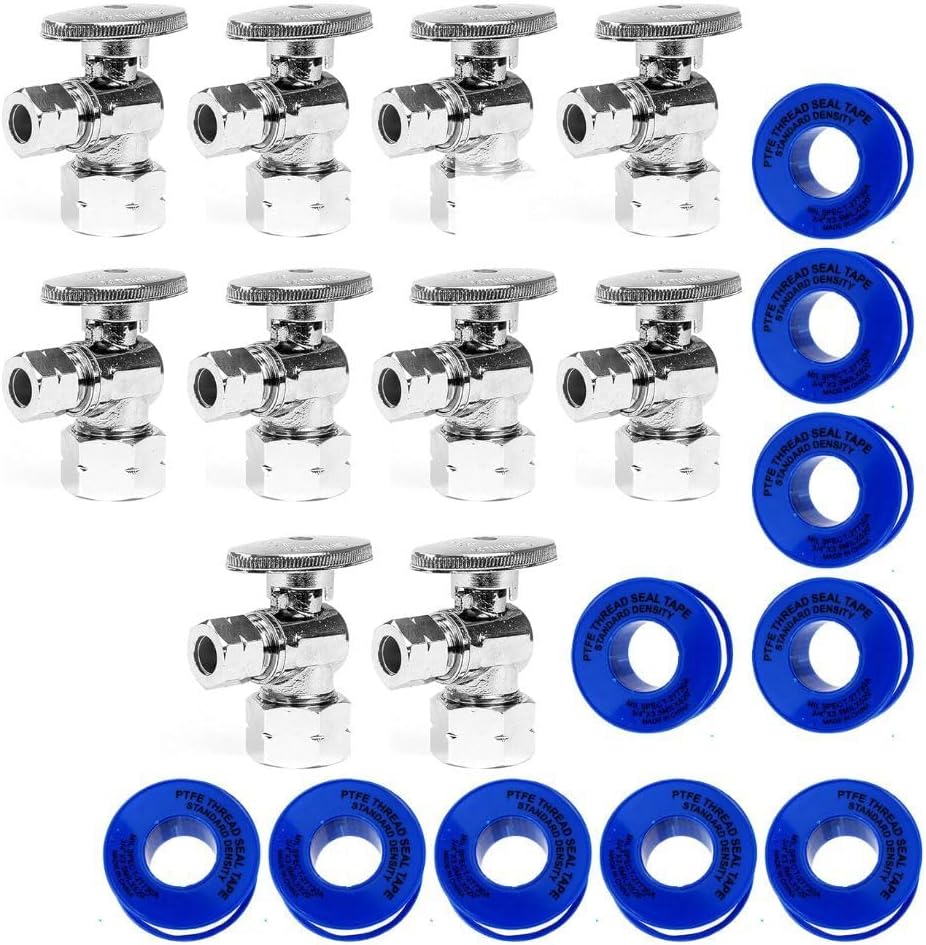 1/2" Compression Angle Stop Valve, Dual Outlet 1/4 Turn, 5/8" x 3/8" OD, Chrome Brass, w/Escutcheon & Tape – 10 Pack for Sink, Toilet, Faucet Plumbing