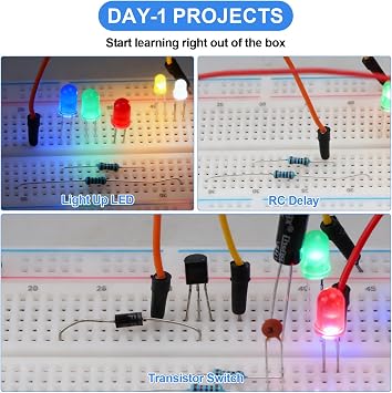 1628 PCS 9 Type Electronic Component Kit with Clear Box, Breadboard/Arduino kit, 3&5mm LED Diodes, Ceramic Capacitors, Electrolytic Capacitors, Resistor, Transistor, DuPont Wires, Circuit Boards, PCBS