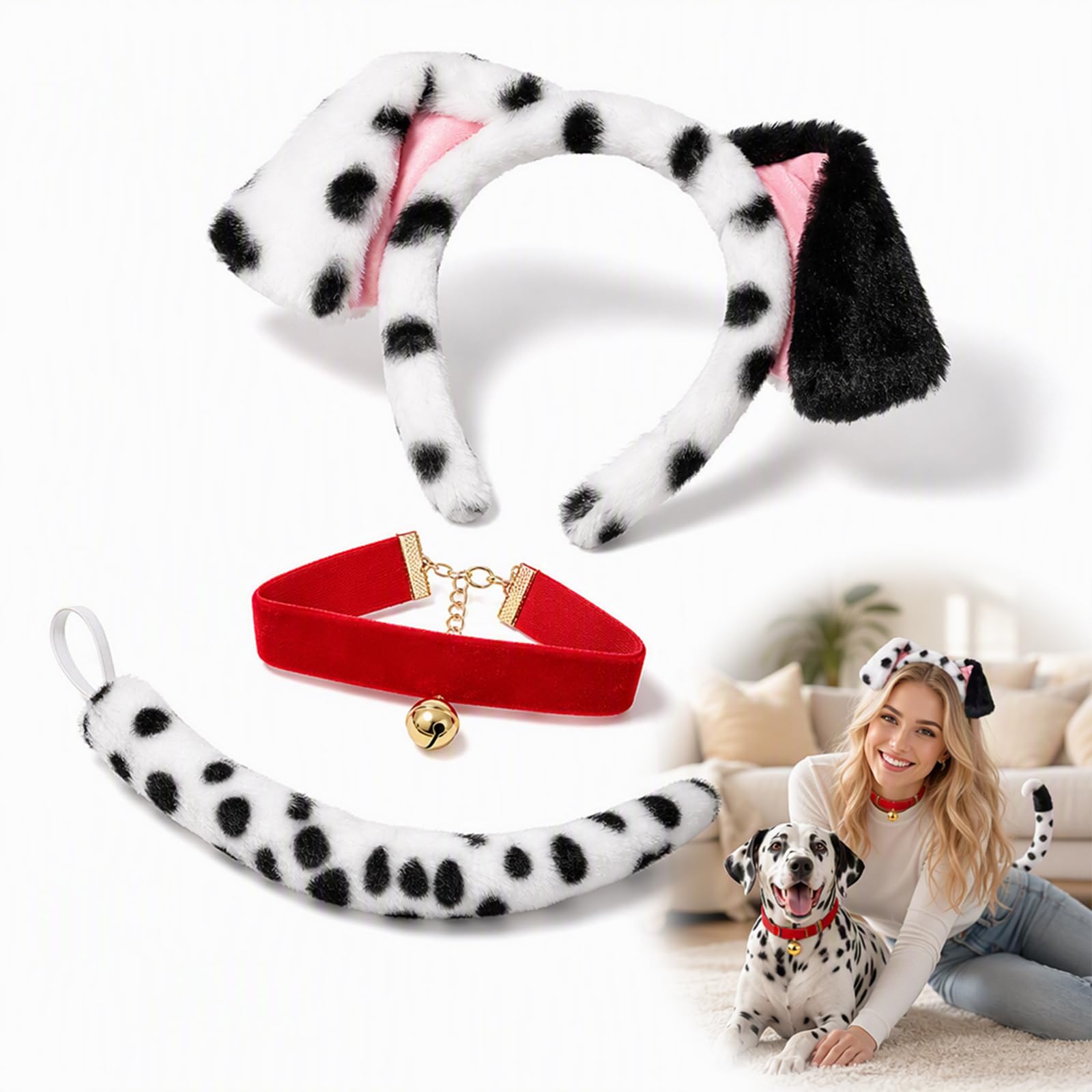 Dfiupdn Dalmatian Ears Headband, Tail, Collar Set
