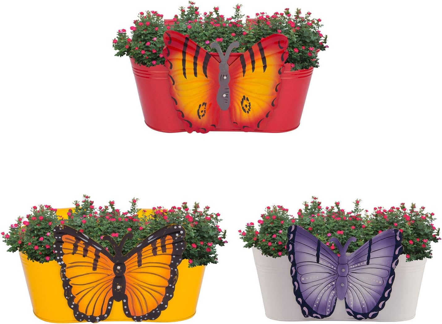 Nuha Metal Butterfly Railing Planter, Multicolour, Length 30 cm, Top Dia 16 cm, Height 13 cm, 3 Pieces