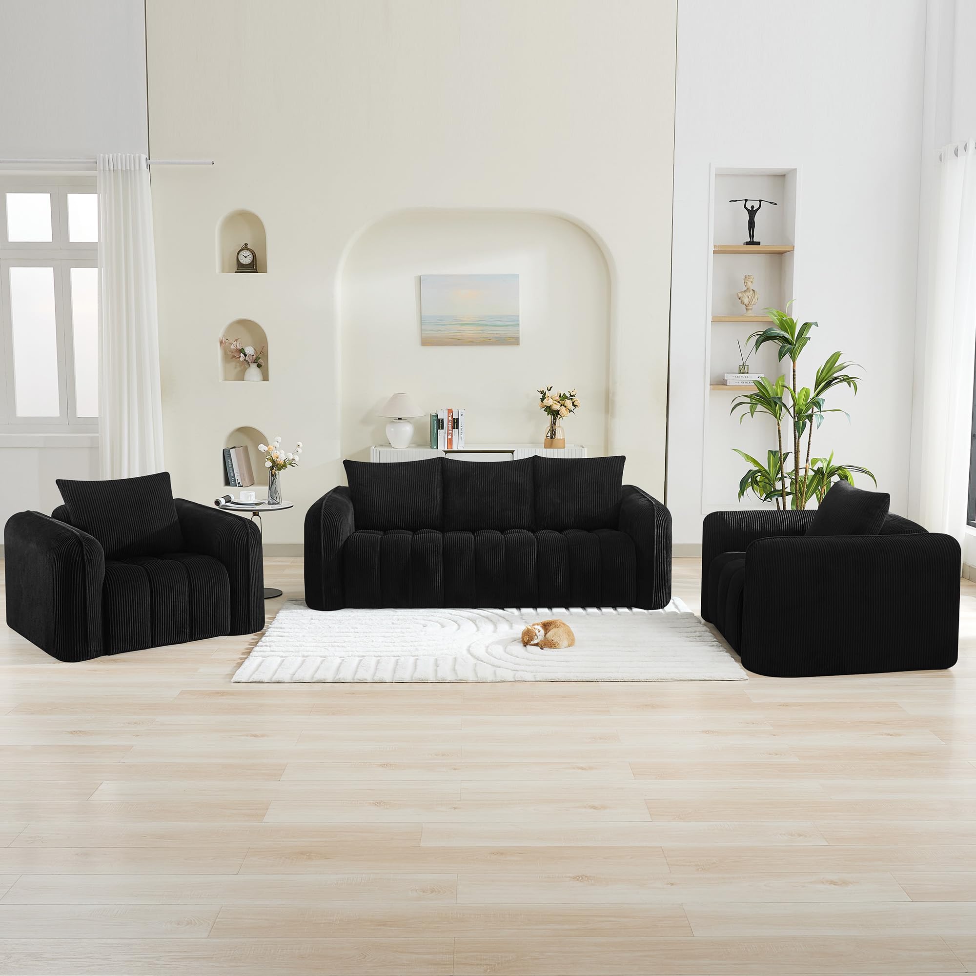 Corduroy Boneless Living Room Sets, Modern Upholstered 3 Seater Sofa with 2 Signle Accent Chairs, Comfy Deep Seat Cloud Sofa Couch Sets for Living Room, Black