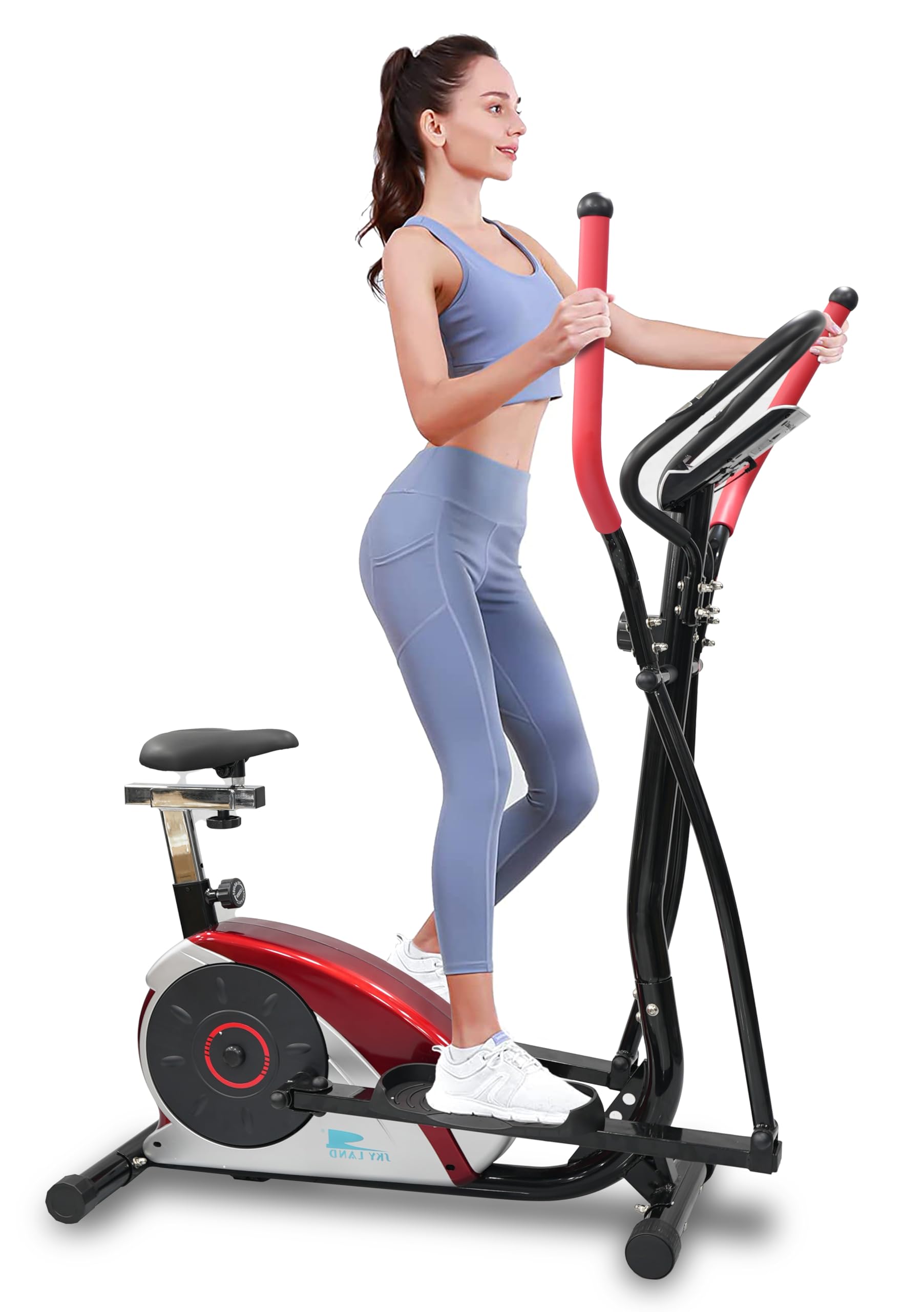 SKY LAND 2-in-1 Elliptical Trainer & Exercise Bike | Magnetic Resistance Cross Trainer with Digital Monitor, 8-Level Control | Home Cardio Workout Machine EM-1202 (Red)