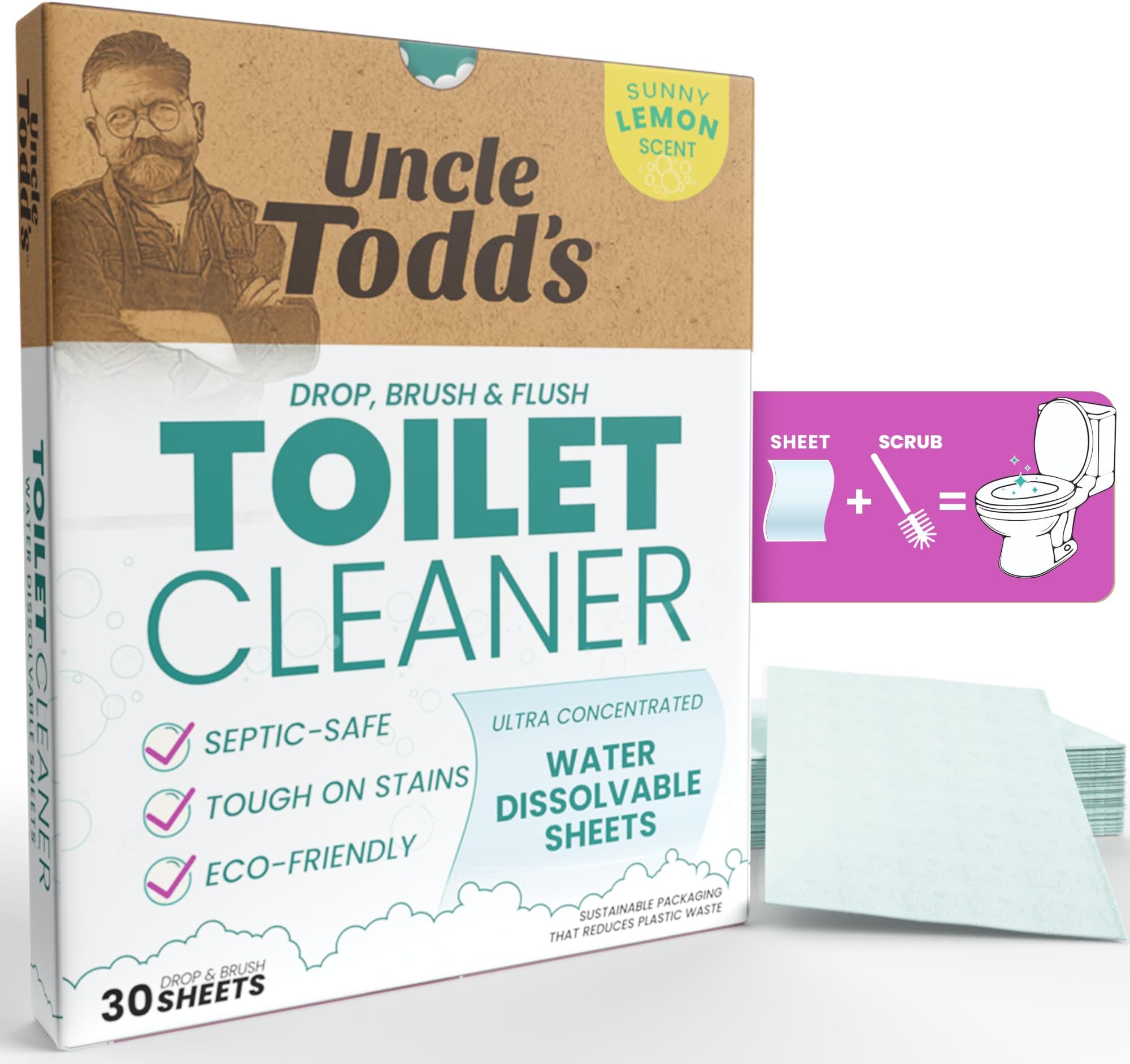 Toilet Cleaner Sheets - 100% Dissolvable, Plastic-Free Packaging, Drop, Brush, & Flush - 30 Sheets
