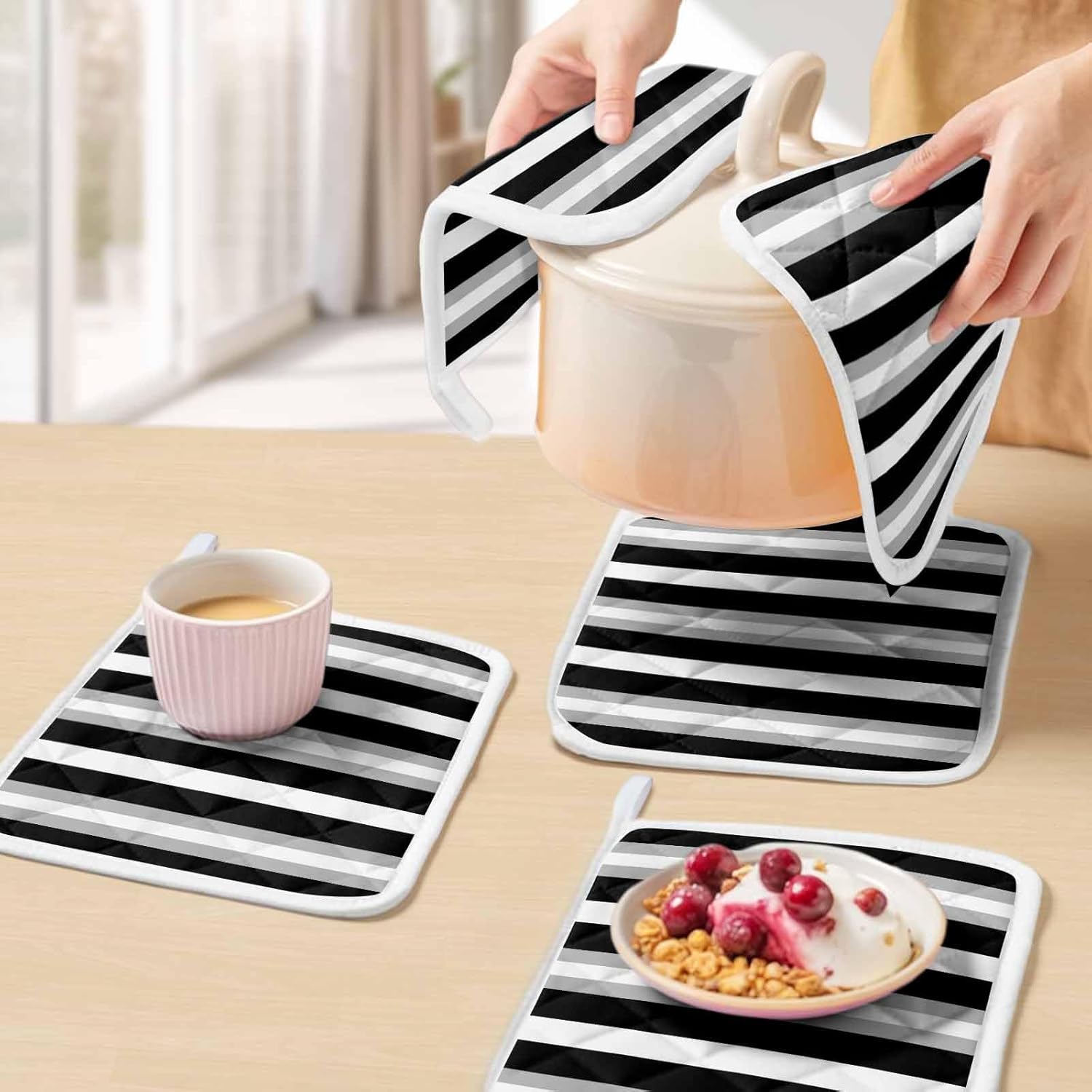 5 Pack Pot Holders for Kitchen, Black Grey Stripe Hot Pads for Kitchen Countertops Oven Pot Holder Bulk, Minimalist Farmhouse Striped Heat Insulation Potholders with Hanging Loops