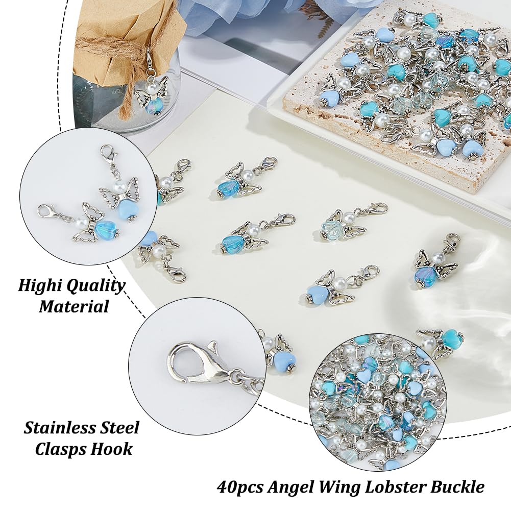 SUPERFINDINGS 40Pcs Angel Wing Charms - 4 Styles Guardian Angel Pendants With Lobster Clasps