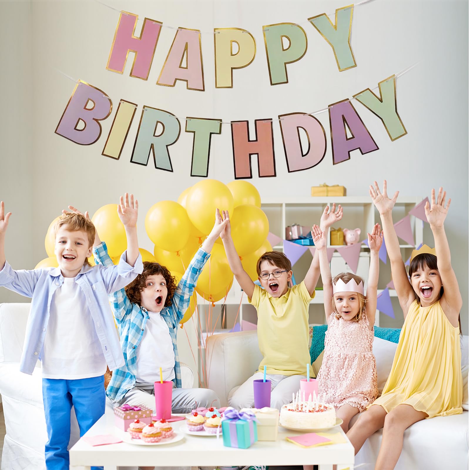 Kleurrijke Macaron Happy Birthday-banner - pastelkleurige