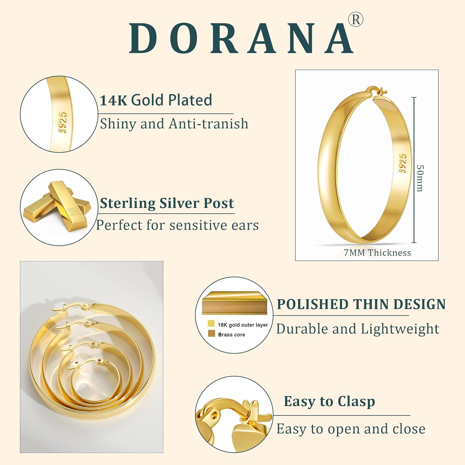 8mm Thick 925 Sterling Silver Hoops Earrings for Women 14K Real Gold Large Hoop Earrings Hypoallergenic and Lightweight Big Hoop Earrings for Women 20/30/40/50/60/70MM - Image 5