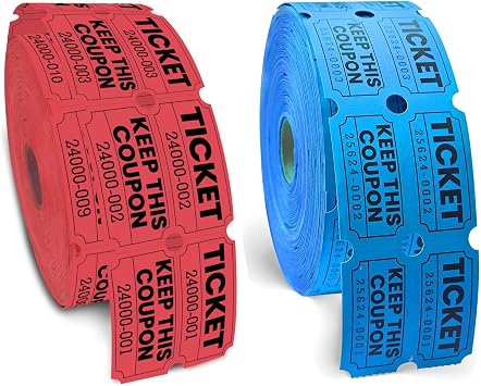 1000 Blue & Red Raffle Tickets Roll, 50/50 Blue & Red Raffle Tickets for Events, Carnivals, Fundraisers, Classroom Rewards, and Prizes