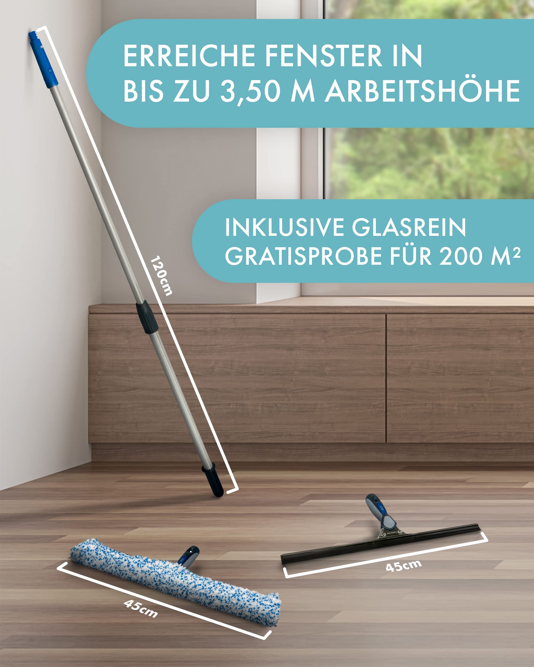 LEWI Fensterreinigungsset mit Teleskopstange (2x60 cm) – Profi Fensterwischer & Fensterabzieher je 45 cm – Aluminium-Stange für hohe Fenster & Ecken – inkl. Konus & Gratisprobe GlasRein
