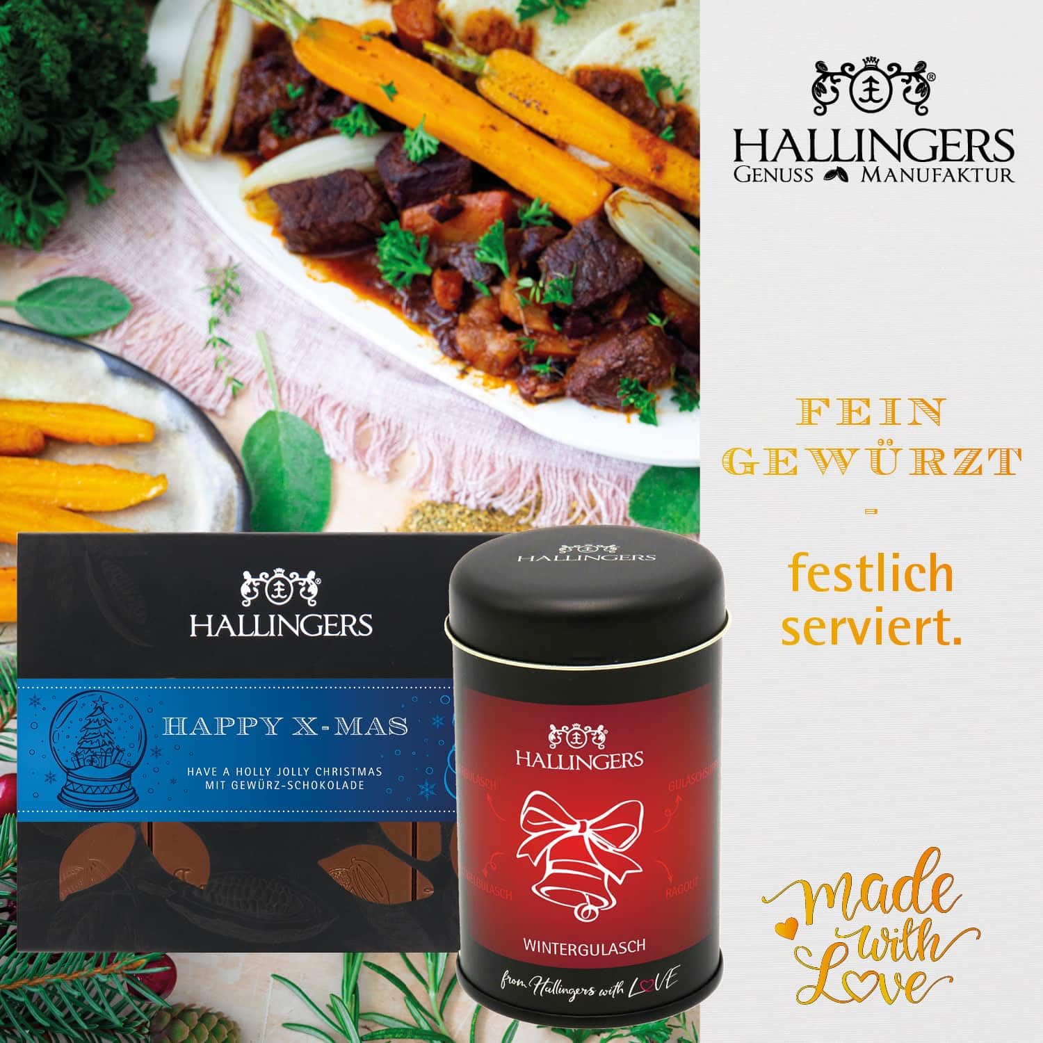 Hallingers Genuss Manufaktur Feinkost Weihnachts-Geschenk-Set - XXL-Geschenkkorb "Merry Christmas" große Selektion Pralinen, Lebkuchen, Gewürz, Nougat, Badezusatz & mehr, Weihnachten für Frauen Männer