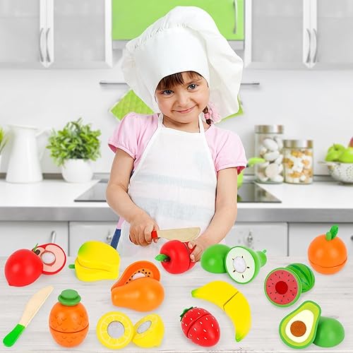 Miniatura 5 de ATOYUS Juego de alimentos de madera para niños pequeños de 1 a 3 años, accesorios de cocina para cortar frutas, alimentos de simulación con cajas
