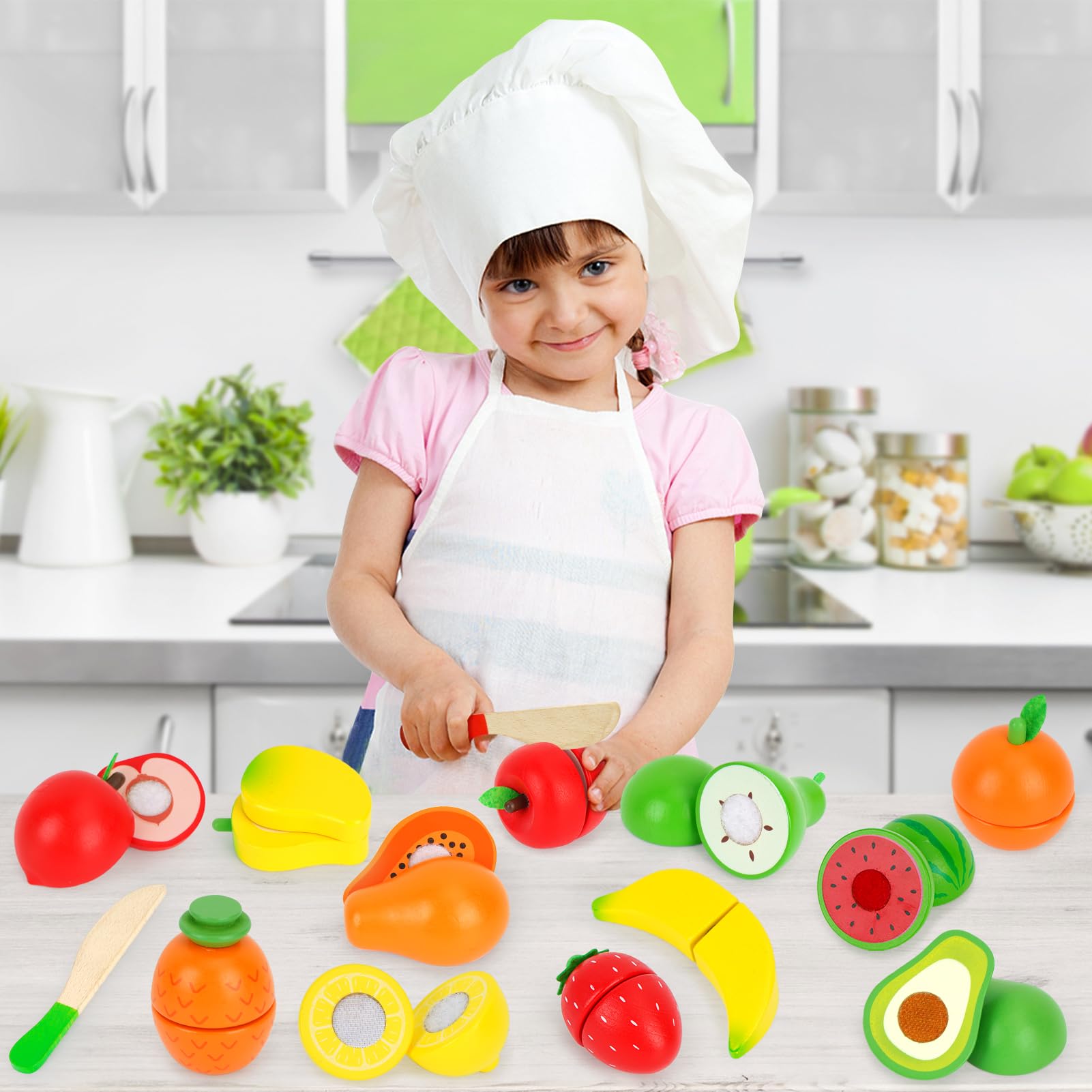 Juego de alimentos de madera para niños pequeños de 1 a 3 años, accesorios de cocina para cortar frutas, alimentos de simulación con cajas de almacenamiento, regalos de cumpleaños de Navidad 5