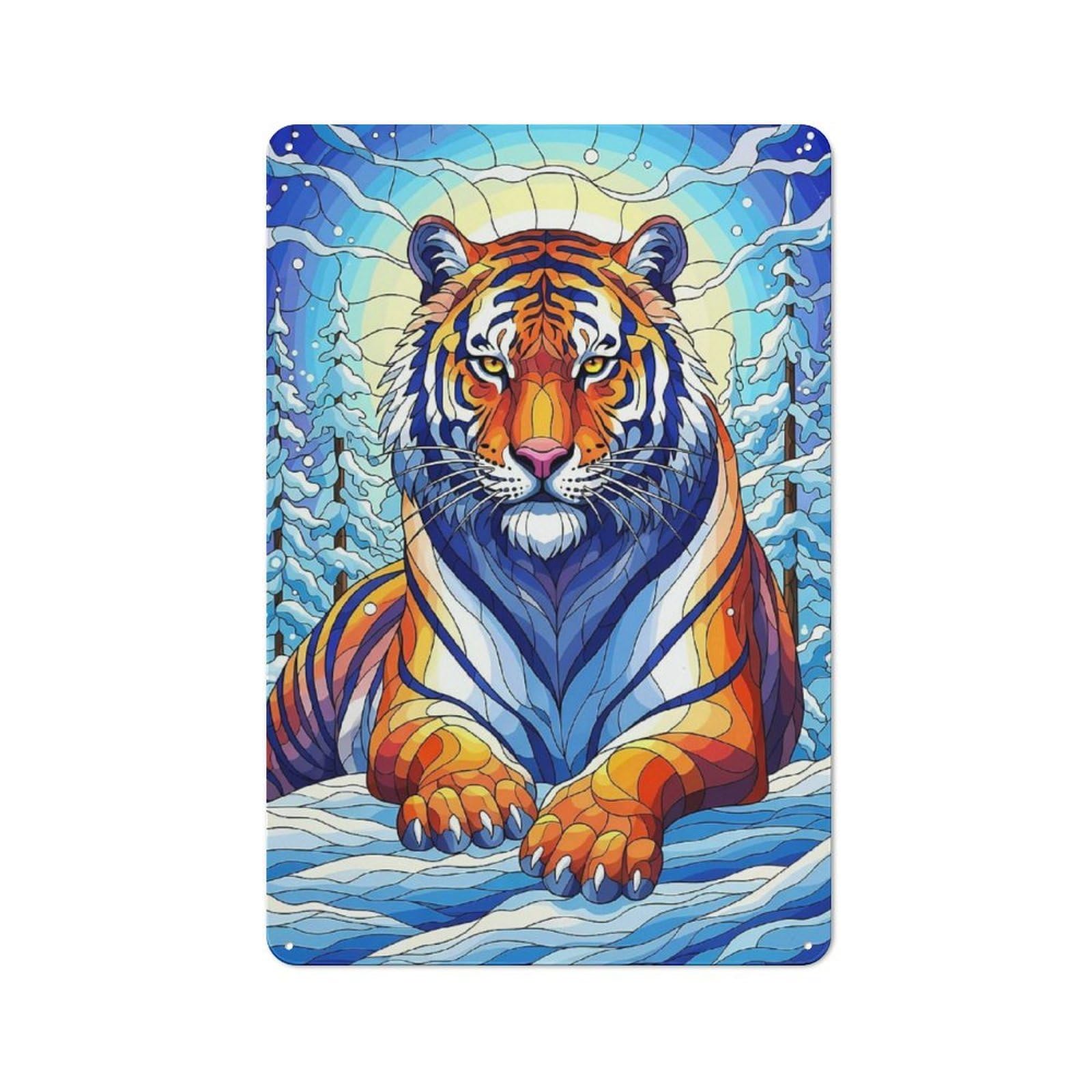 Junmoney Colorful Tiger In Winter Landscape For Man Cave Or Games Room, Retro Metal Plaque 30X20cm, For Metal Sign Collectors, For Garage And Workshop Walls