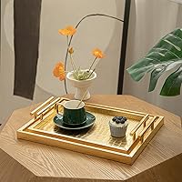 Vista 2 de Juego de 2 bandejas modernas y elegantes de madera para servir, bandeja decorativa rectangular otomana Tay bandeja de mesa auxiliar, cuero