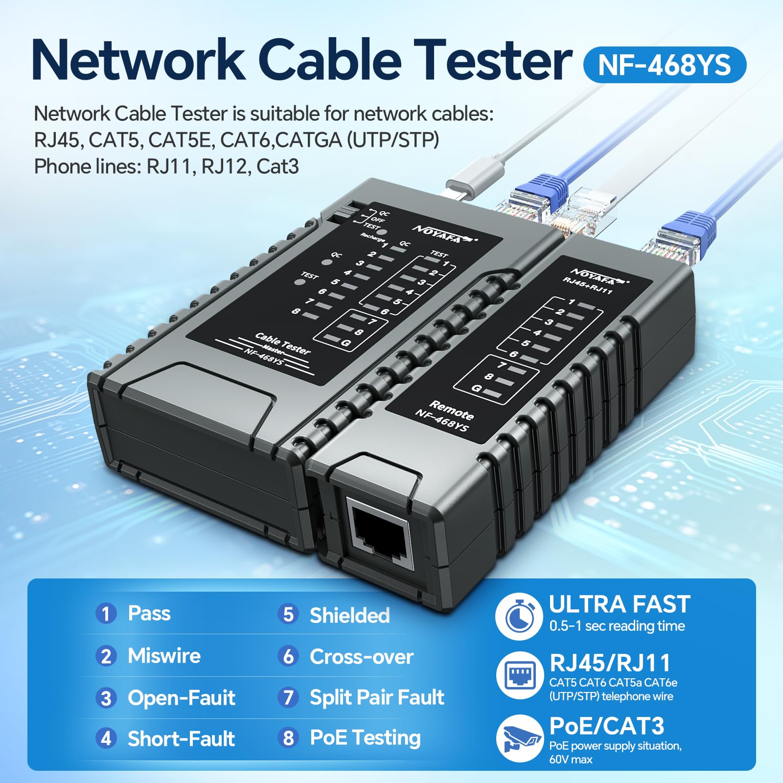 NOYAFA NF-468YS Network Cable Tester, Rechargeable Ethernet Cable Tester for RJ11, RJ12, RJ45, CAT5,CAT6, CAT7 - Image 2