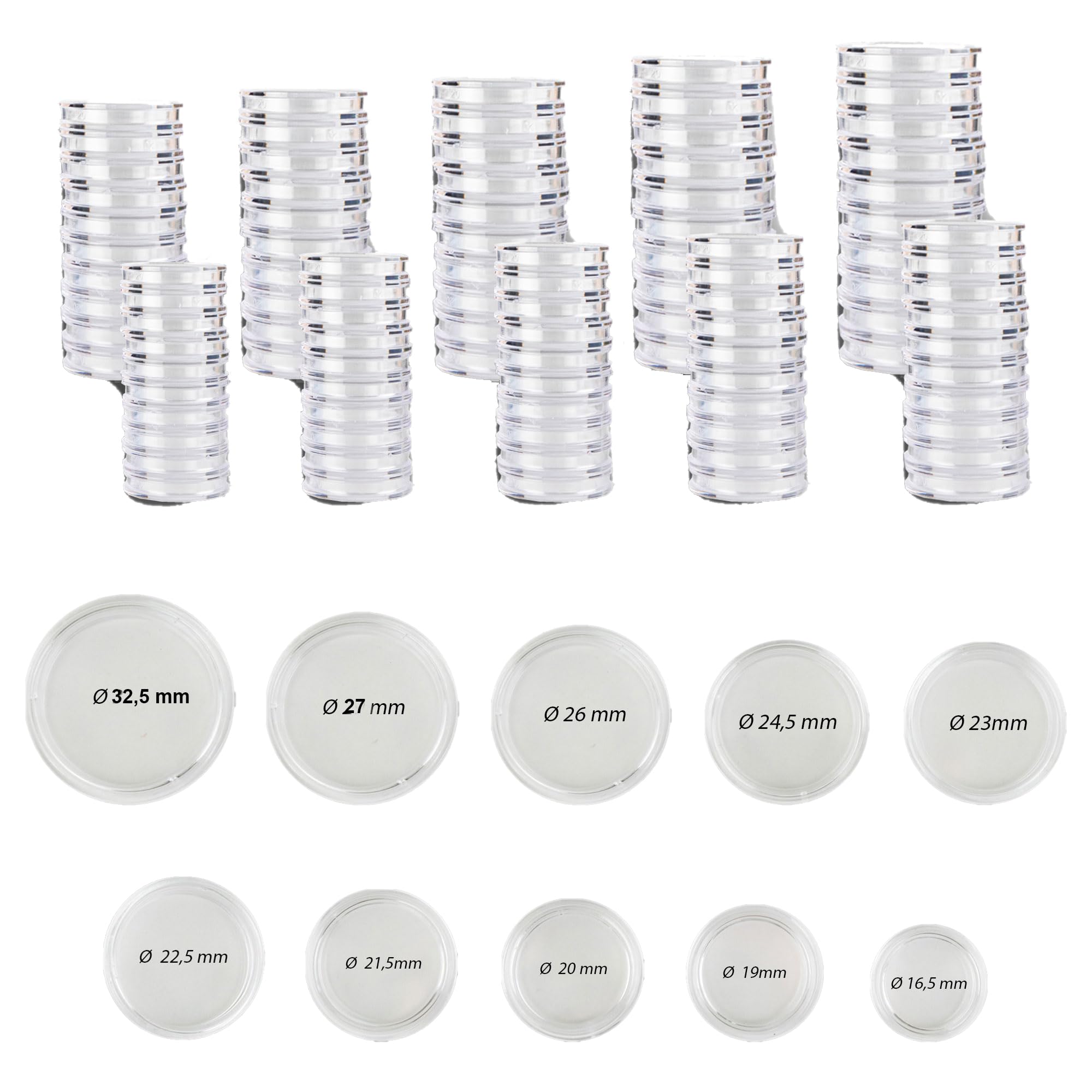 Prophila Collection Coin Capsule Assortment Euro 16.5 to 33 mm Inner Diameter, Total 100 Capsules