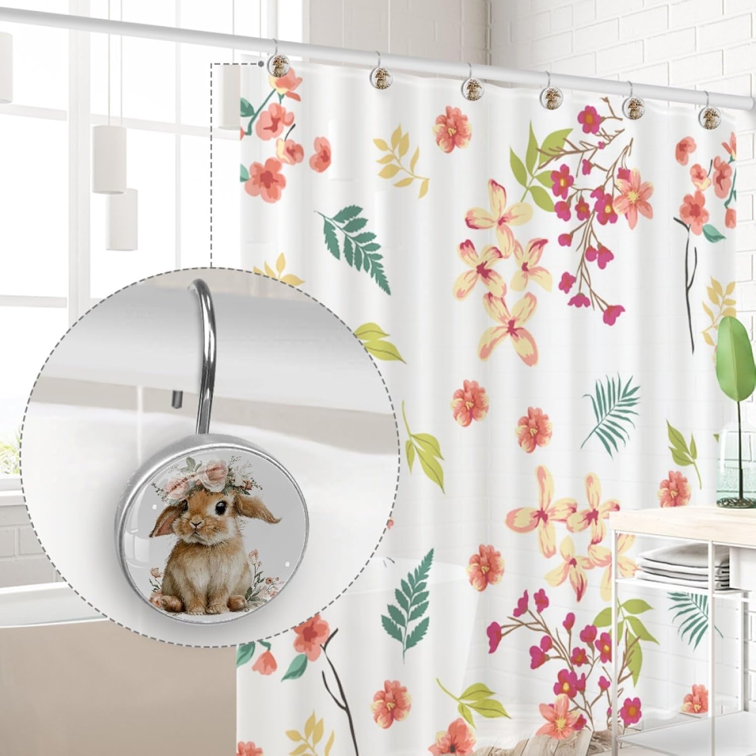 Cute Rabbits and Florals Rust Proof Shower Curtain Hooks 12Pcs for Bathroom Shower Rod, Decorative Shower Hooks Shower Curtain Hanger Rings Roller, Glass, Resin, Stainless Steel
