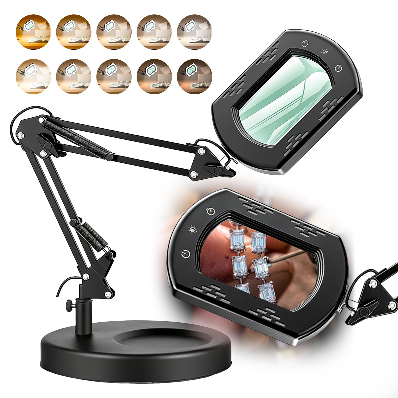 Ruspela 15X Rectangle Magnifying Glass with Light and Stand, 5 Color Modes Stepless Dimmable, 2-in-1 LED Lighted Desk Lamp & Clamp, Hands Free Magnifier for Reading Crafts Repair Painting Close Work