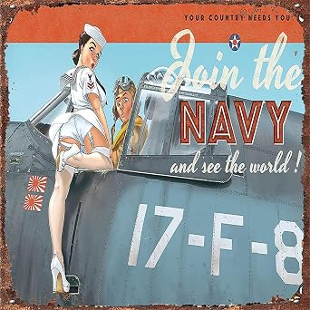メタルポスター プラーク Join The Navy and See The World ピンナップガール ヴィンテージ レトロ ブリキ看板 ブリキ看板 ポスター ビンテージメタルサイン バー ミュージック クラブ 男性 洞窟 部屋 壁装飾 12x12インチ